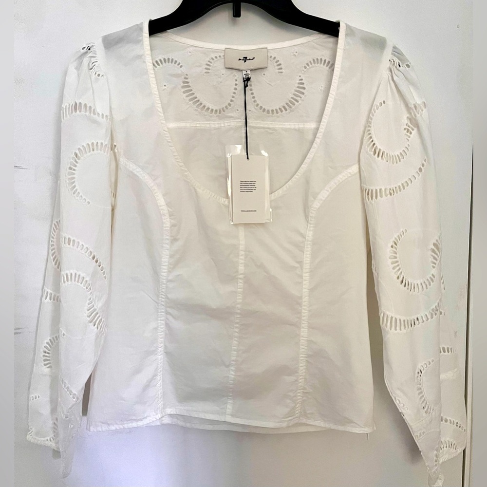 NWT 7 For All Mankind Women Cotton Balloon Sleeves Eyelet Top White Size S